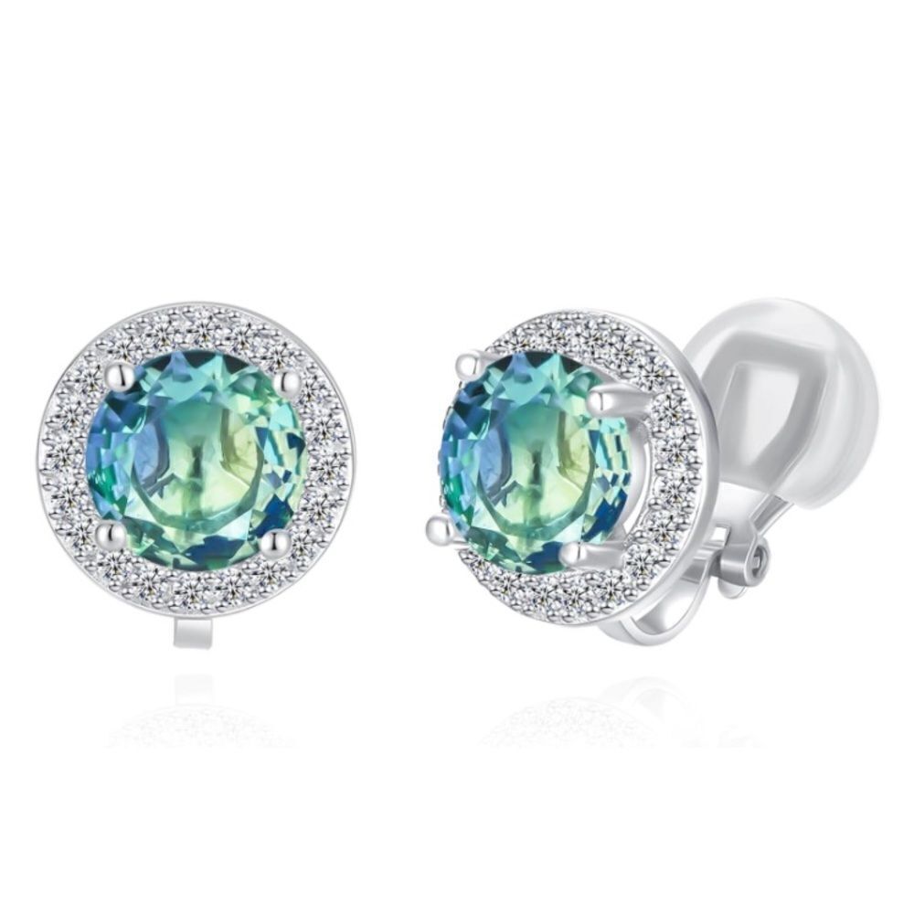 Silver with Ocean Green and White Diamond Cubic Zirconia Stud Clip On Earrings